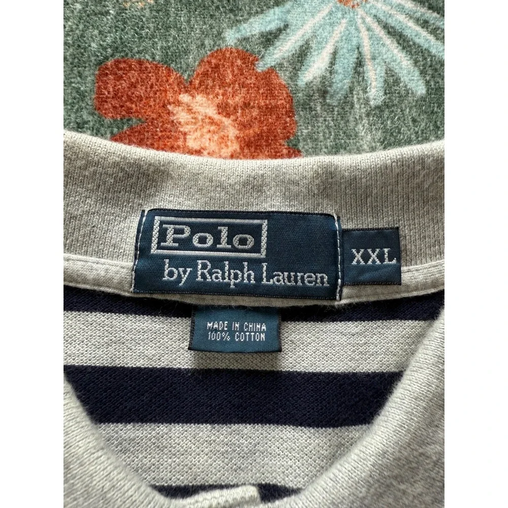 Polo Ralph Lauren Men XXL Striped Polo Shirt Navy Grey Short Sleeve Cotton Pique